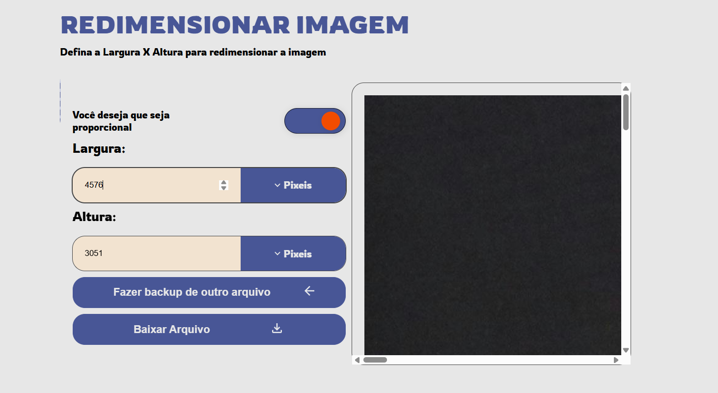 Interface do Redimensionador de Imagem com campos para largura, altura e opção de proporcionalidade.