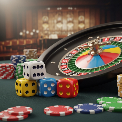 Composição de imagens mostrando dados de jogo e uma roleta colorida, simbolizando sorte e aleatoriedade.