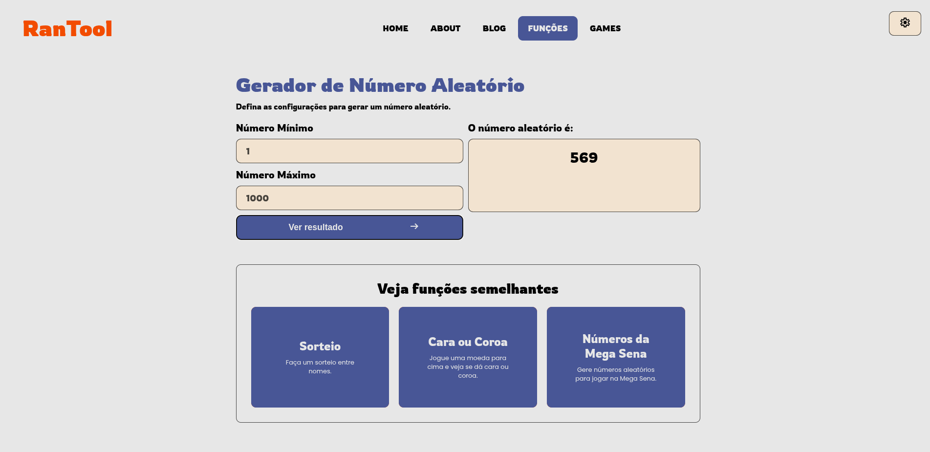 Captura de tela da interface do gerador de número aleatório, destacando os campos de entrada para 'Número Mínimo' e 'Número Máximo'.