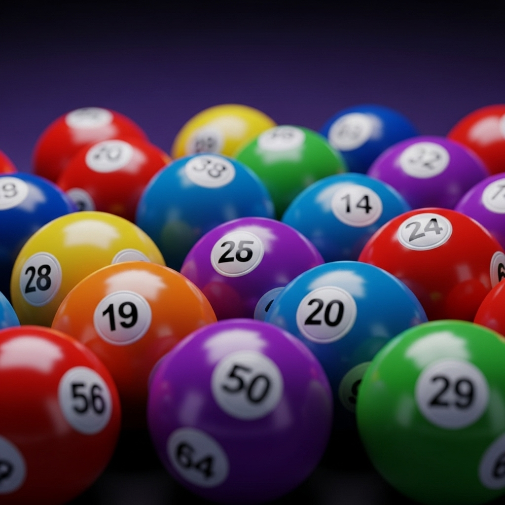 Close-up de bolas numeradas da Mega Sena, coloridas e brilhantes, como as usadas nos sorteios oficiais.