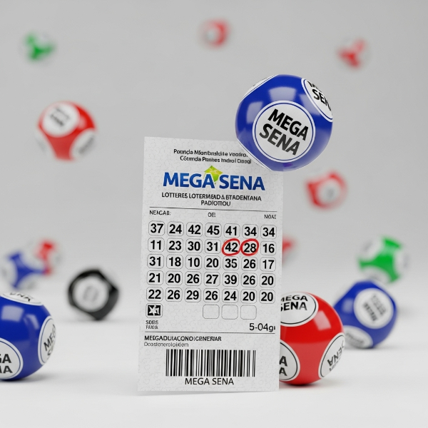 Imagem de um volante de apostas da Mega Sena com algumas dezenas marcadas e bolas de sorteio ao fundo.