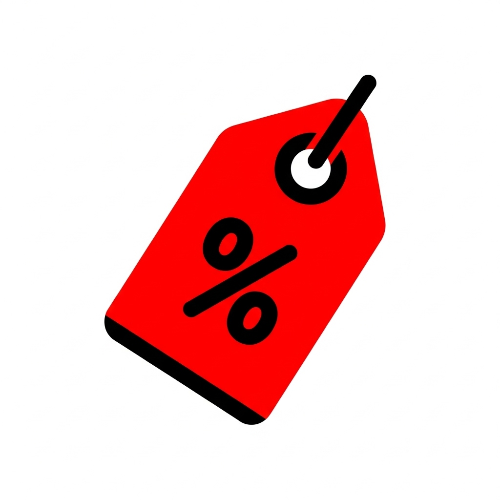 Ícone estilizado de uma etiqueta de preço com um símbolo de porcentagem, indicando um desconto ou promoção.