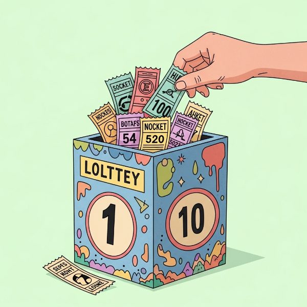 Ilustração de uma caixa de sorteio colorida com papéis sendo retirados, simbolizando a aleatoriedade.