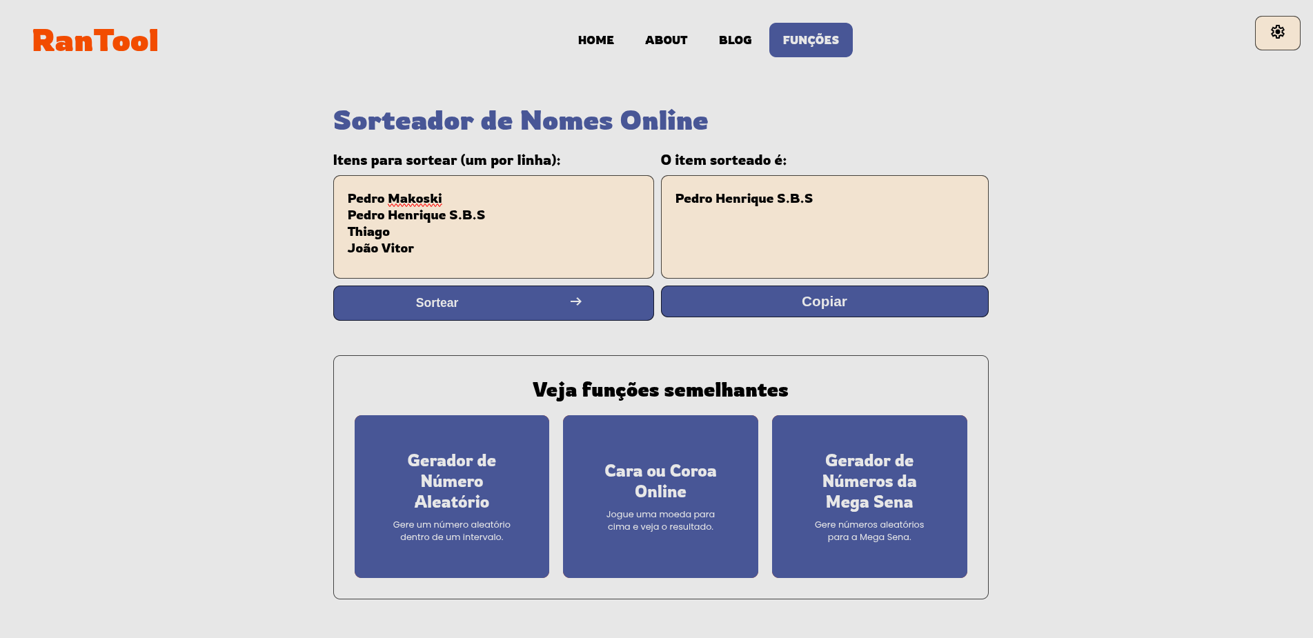 Captura de tela da interface do sorteador, mostrando o campo de texto com uma lista de nomes de exemplo inserida, cada nome em uma linha.